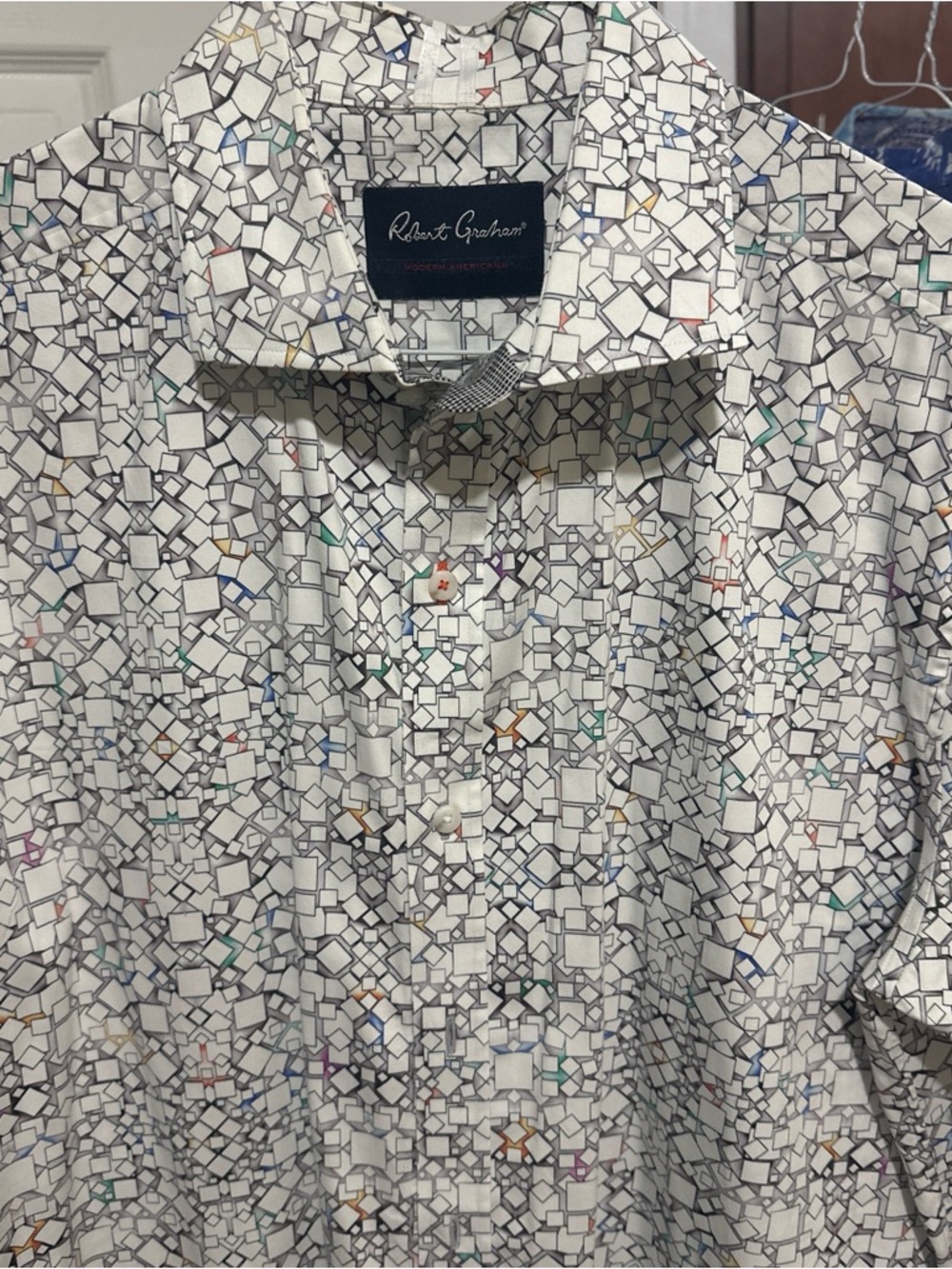 Robert Graham White Geometric Mosaic Button-Down Shirt with Multicolor Accents